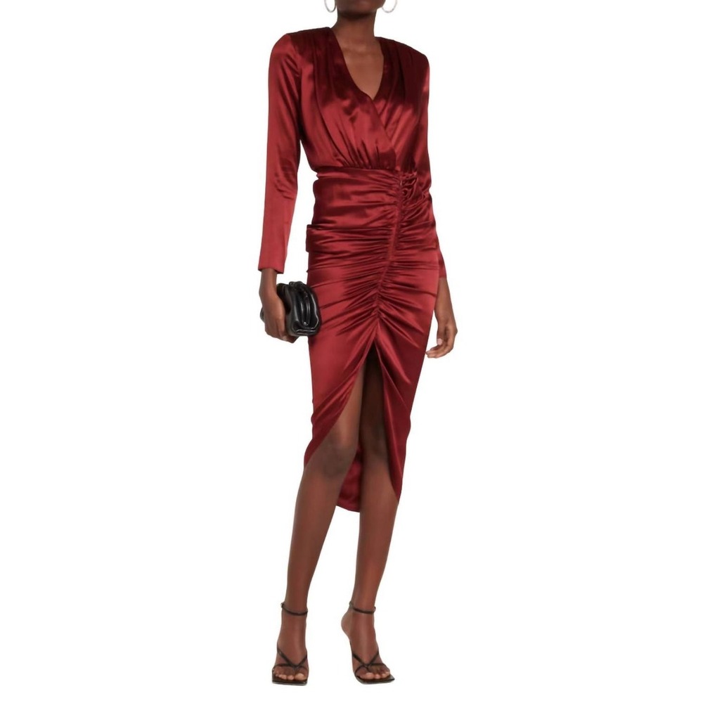Veronica Beard Cameri Cabernet Silk Ruched Midi Dress Long Sleeve V-Neck Size 8